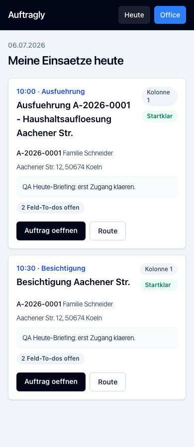 Auftragly mobile Einsatzansicht für Außendienst-Teams